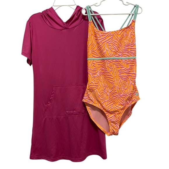 Spyder Other - Spyder Kids Swimwear 2-Piece Set One Piece Swimsuit Coverup Orange Pink Size 12